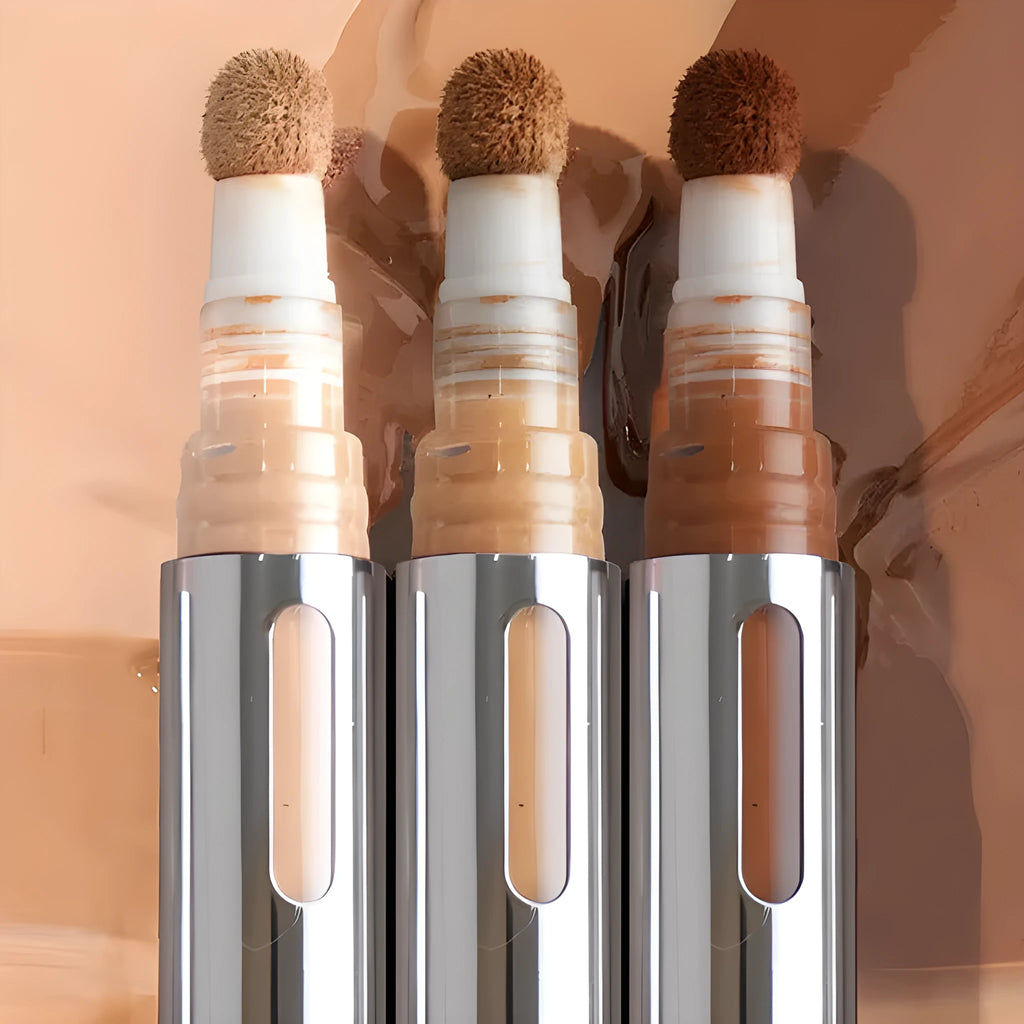 Liquid concealer pen in a twist-up format showing 24 different colour shade options.