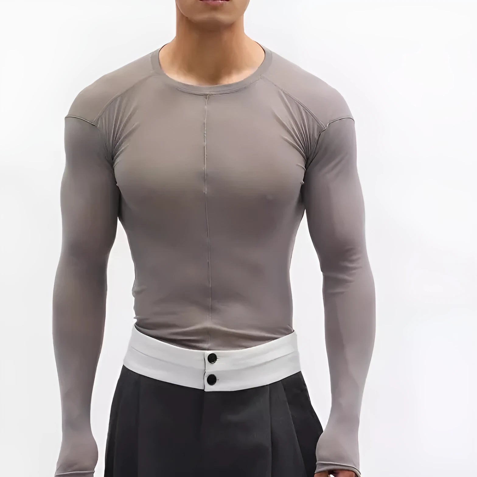 Black slim-fit long sleeve pullover made from ultra-thin see-through PU mesh fabric on a hanger.