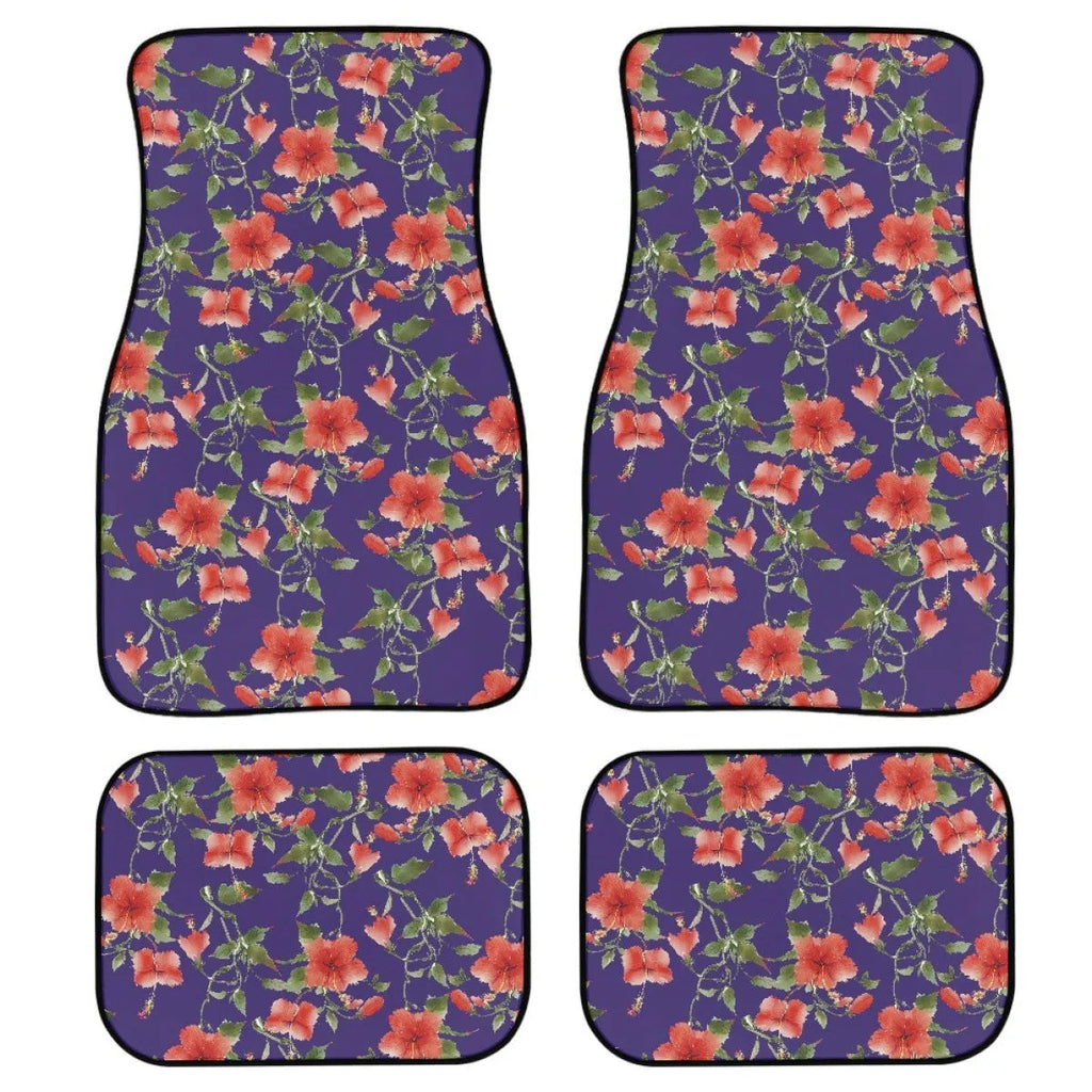 Black printed rubber car floor mat set showing front and rear pieces with textured surface.