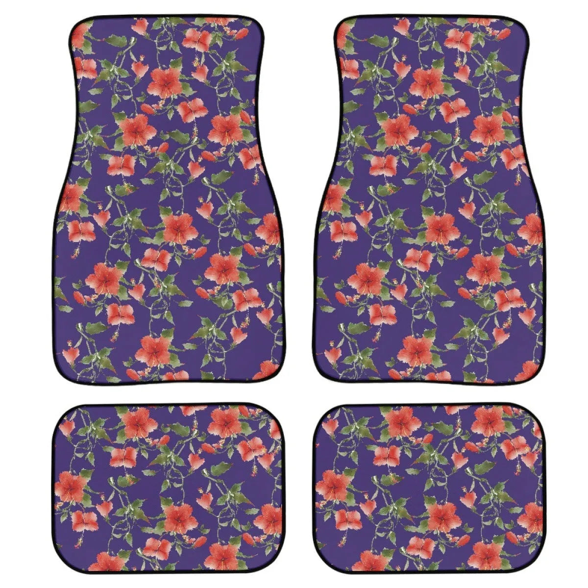 Black printed rubber car floor mat set showing front and rear pieces with textured surface.