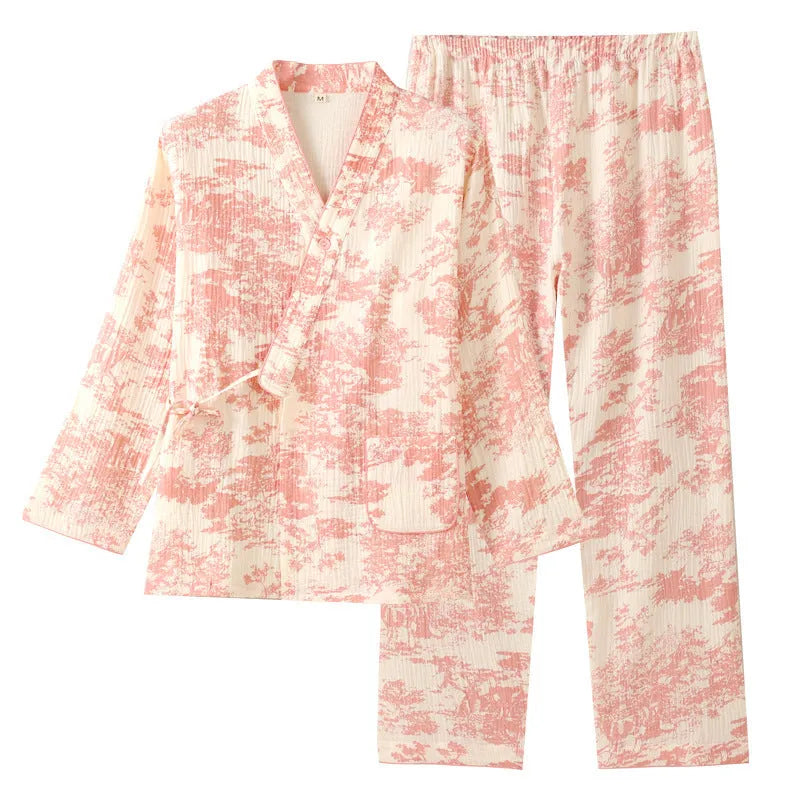 Pure cotton gauze ladies lounge suit with long sleeves and trousers in frosted pine trees colour options