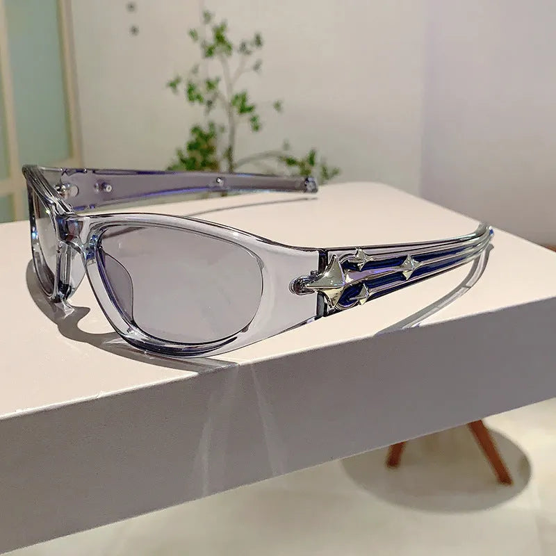 Sports sunglasses with a polycarbonate frame and lenses, shown in a choice of colours including black, red, and transparent gray.