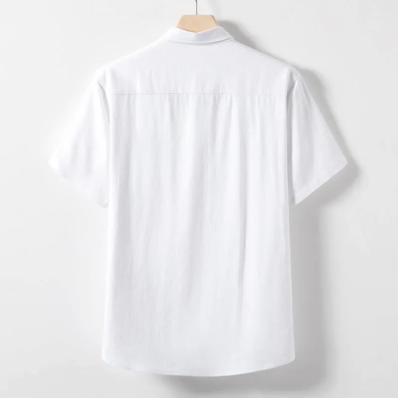 Men's linen blend short sleeve t-shirt with loose lapels in solid colours