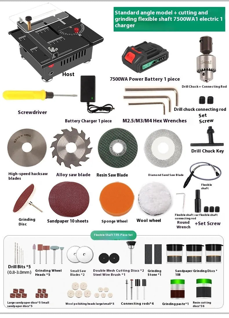 Compact lithium-ion battery desktop saw with metal construction on workbench