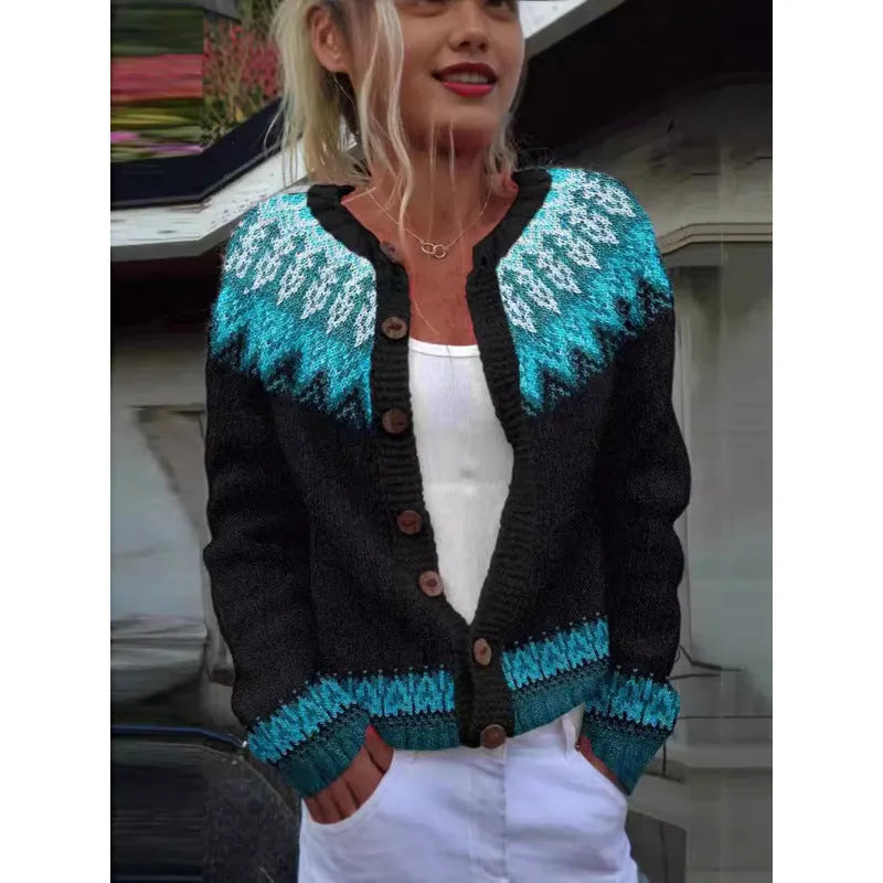 Yellow knitted cardigan coat featuring a digitally printed 3D pattern, open front, and regular sleeves.