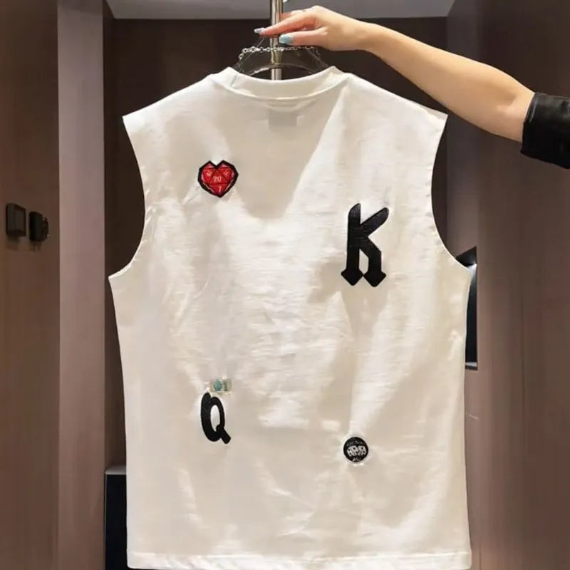 Men's white cotton sleeveless vest t-shirt with cartoon graphic print, loose fit, front view