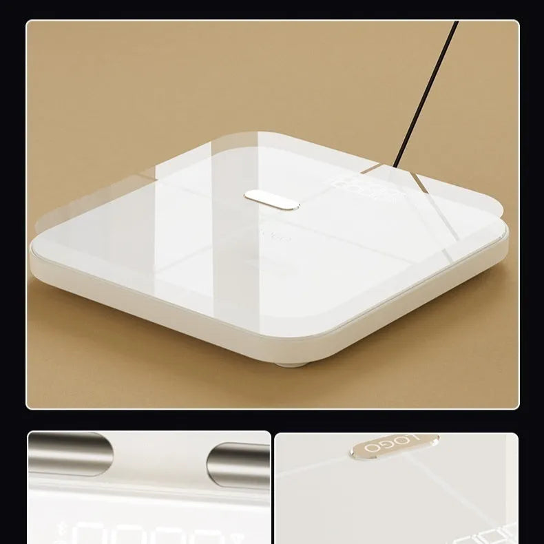 White professional body fat scale with 8 metal electrodes and a clear LED display on a tempered glass platform.