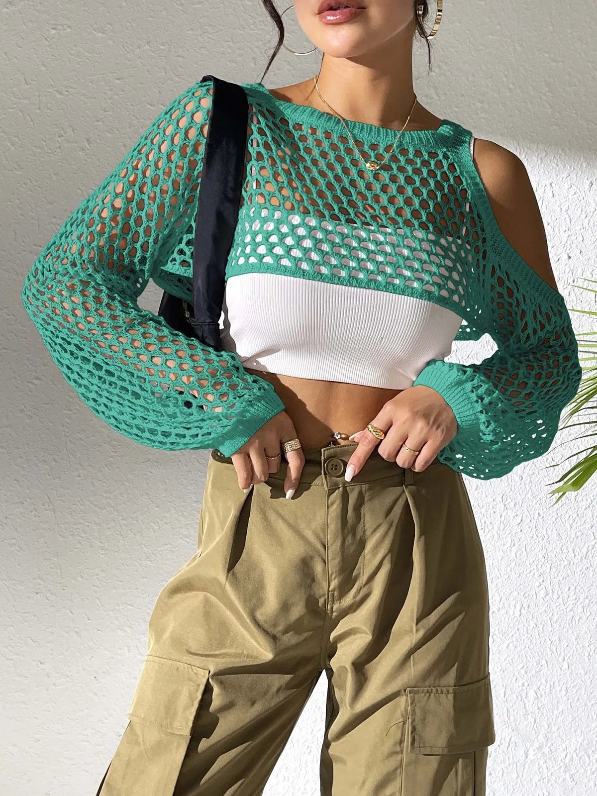 Imitation cotton mesh shirt with hollowed navel design in army green colour.