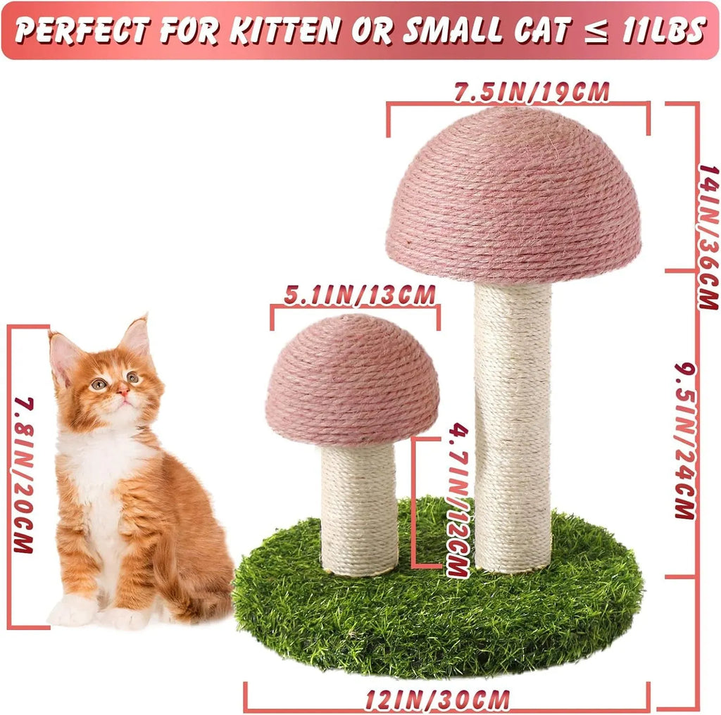 Pink mushroom cat scratching post with natural sisal caps and pole for small cats
