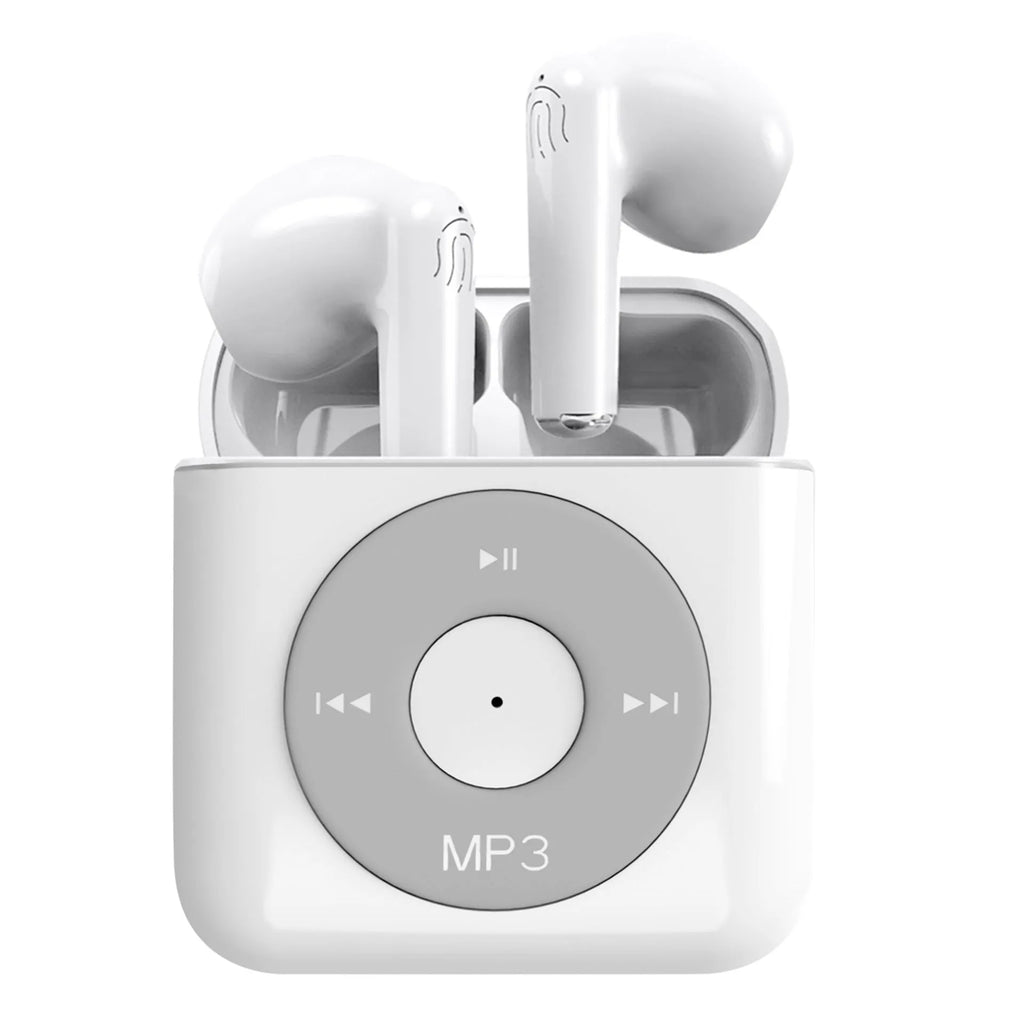 White wireless Bluetooth earphones with a semi in-ear design and a matching white charging case.