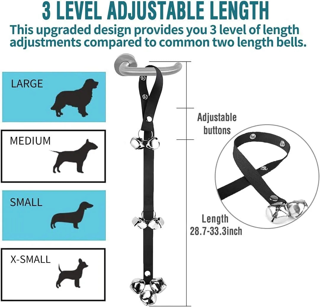 Seven large silver metal dog training bells on adjustable nylon leash for potty signal communication