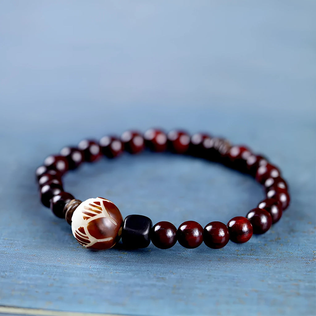 Natural rosewood double-ring bracelet with knitting construction and flower pattern elements