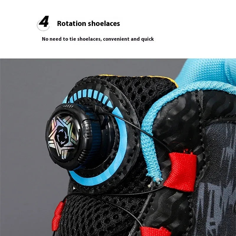Kids rotating button running shoes in synthetic leather with waterproof lightweight design available in multiple colours and sizes 28-40