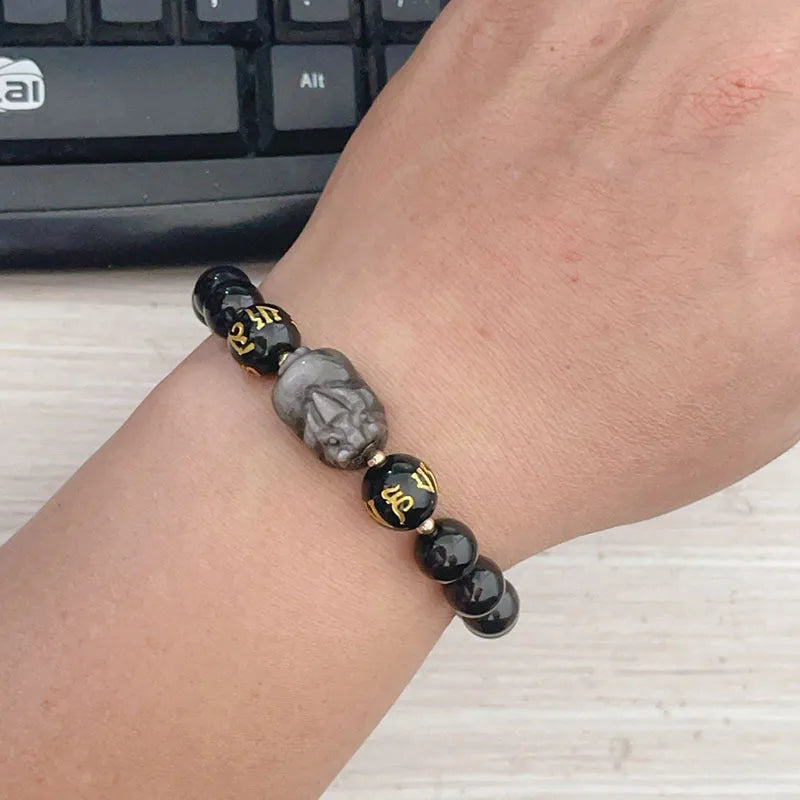 Men's handcrafted silver stone bracelet with Chinese proverbs and zodiac beads