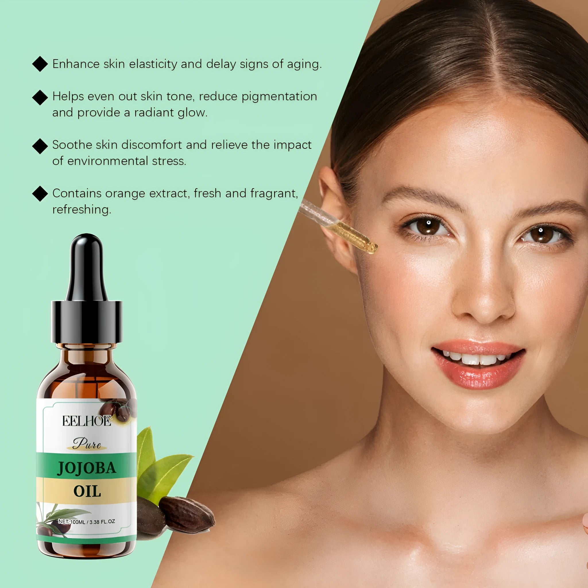 100ml bottle of organic jojoba facial oil with vitamin E and orange extract