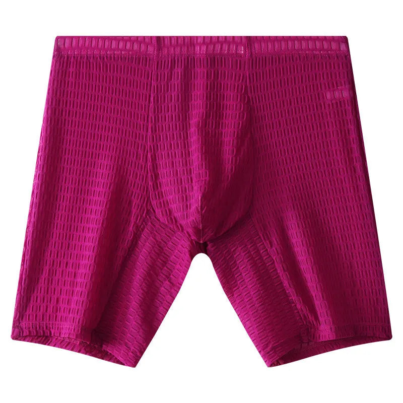 Men's lengthened lace boxer shorts in transparent nylon construction showing shaping design