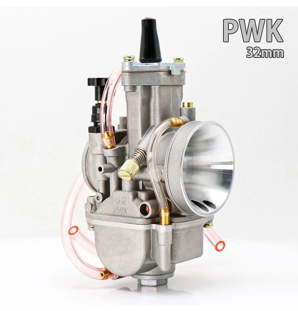 Seven PWK sandblasted motorcycle carburetors ranging from 21mm to 34mm sizes in colour box packaging
