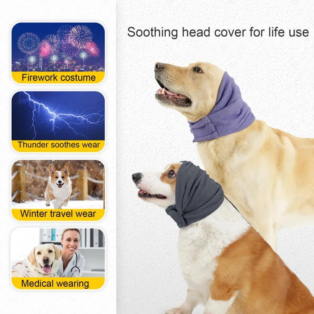 Black dog calming hoodie with ear covers on a pet, showing its multi-purpose use as a head warp and scarf.