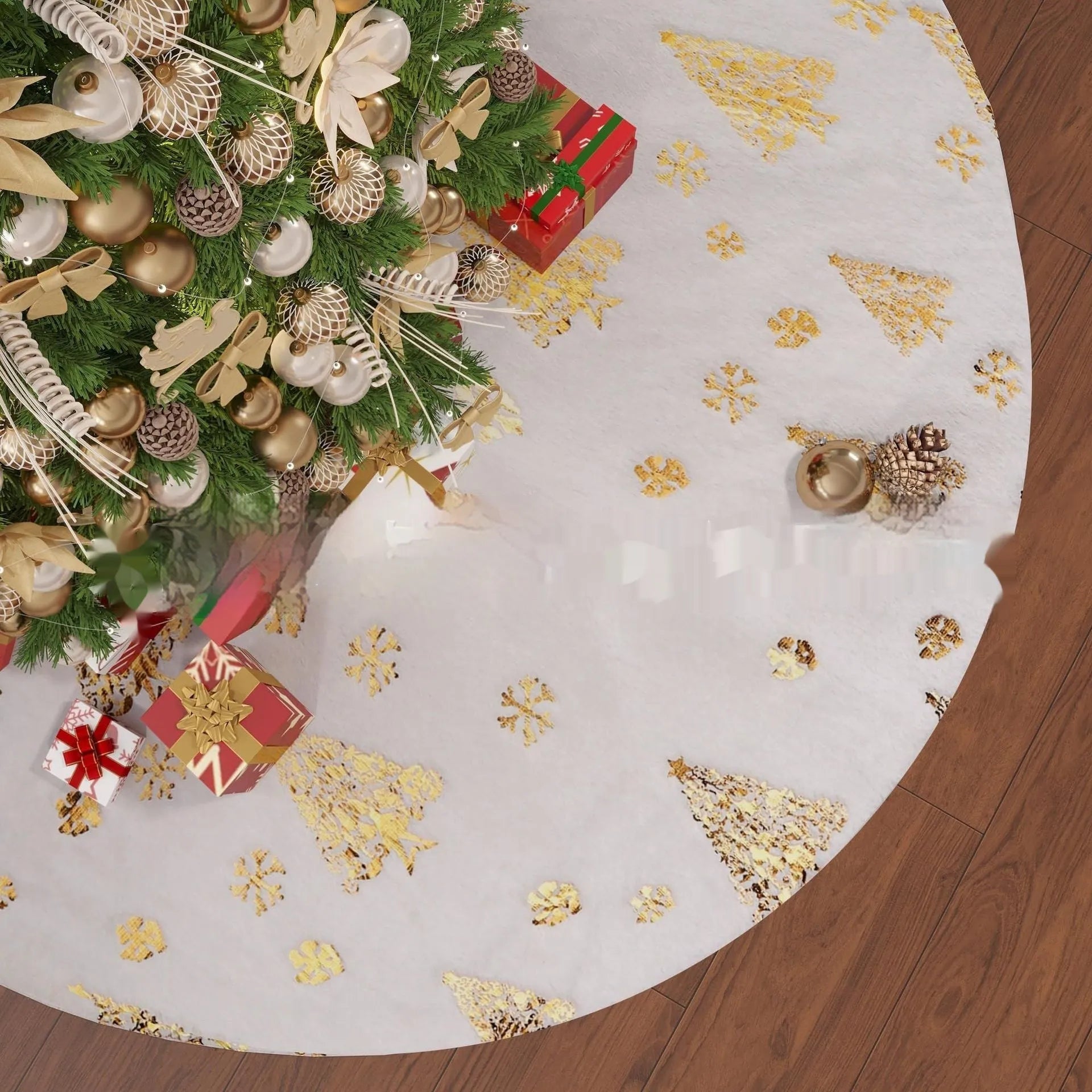 Plush Christmas tree mat with snowflake design in seasonal red and green colours