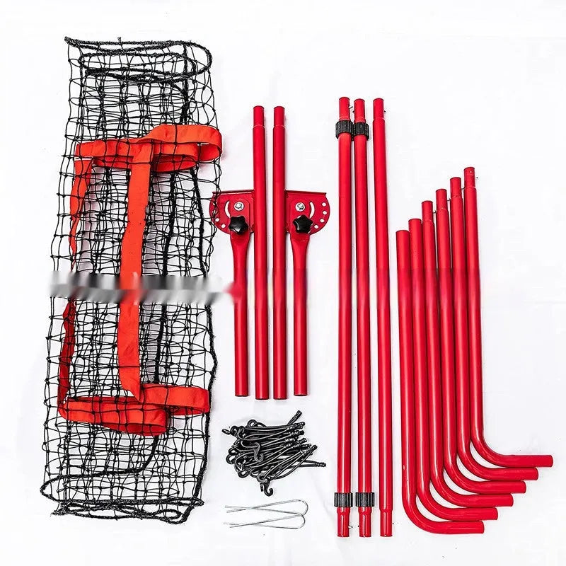 Red portable baseball training net with metal frame set up for catching practice