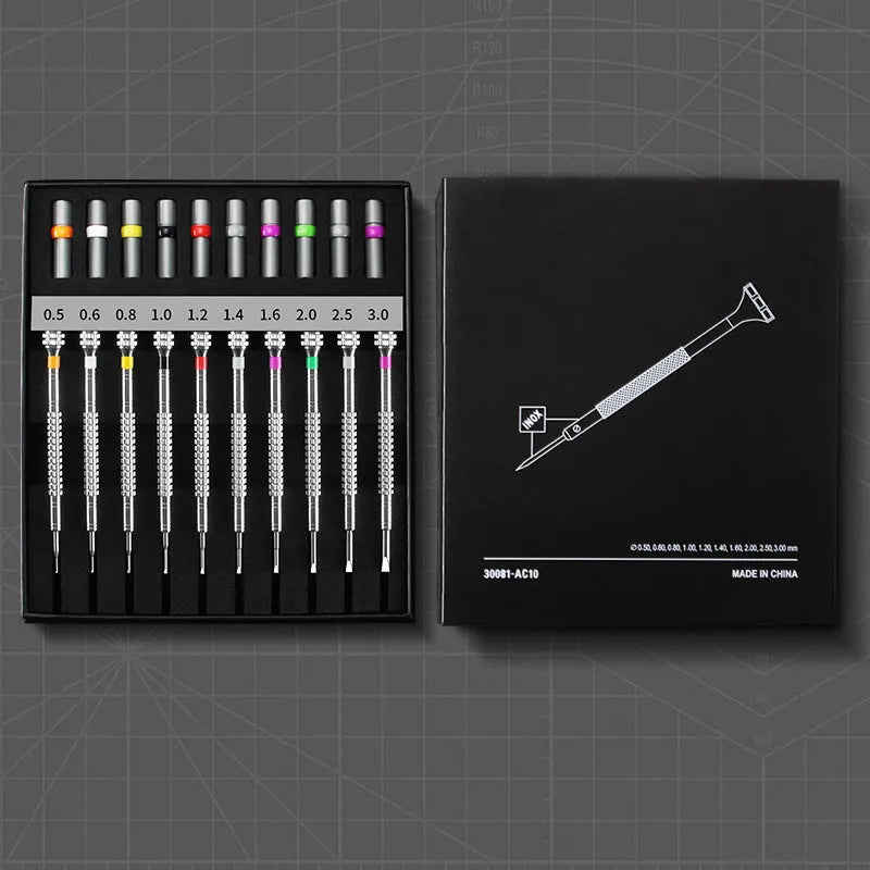 10-piece watch and glasses repair screwdriver set with cross and straight manual screwdrivers and 20 spare drill bits