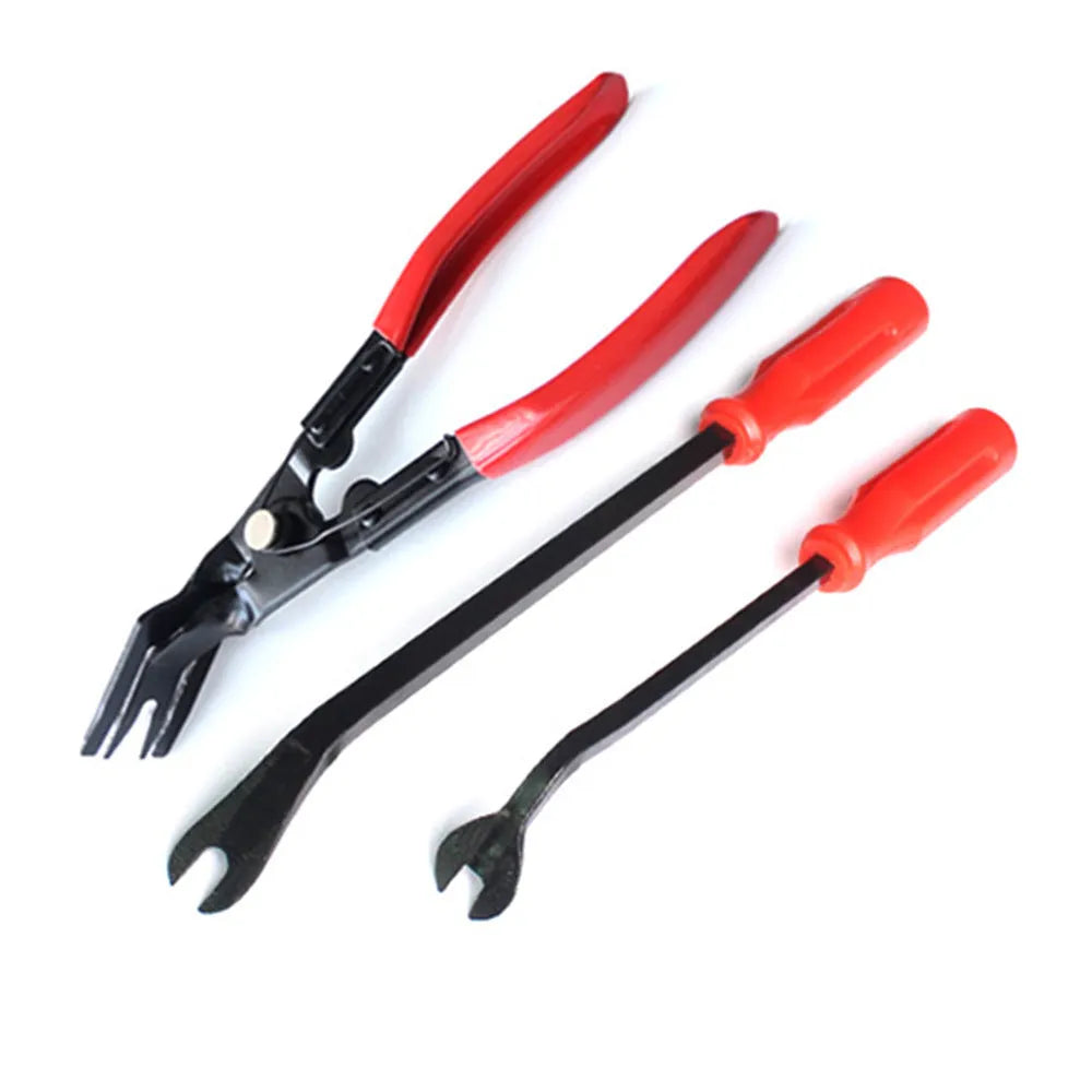 Red-handled steel automotive clip removal tool for General Motors door panels