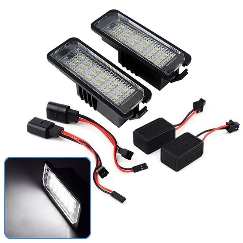 Volkswagen LED license plate light replacement kit with two white LED units for Golf, Polo, Phaeton models
