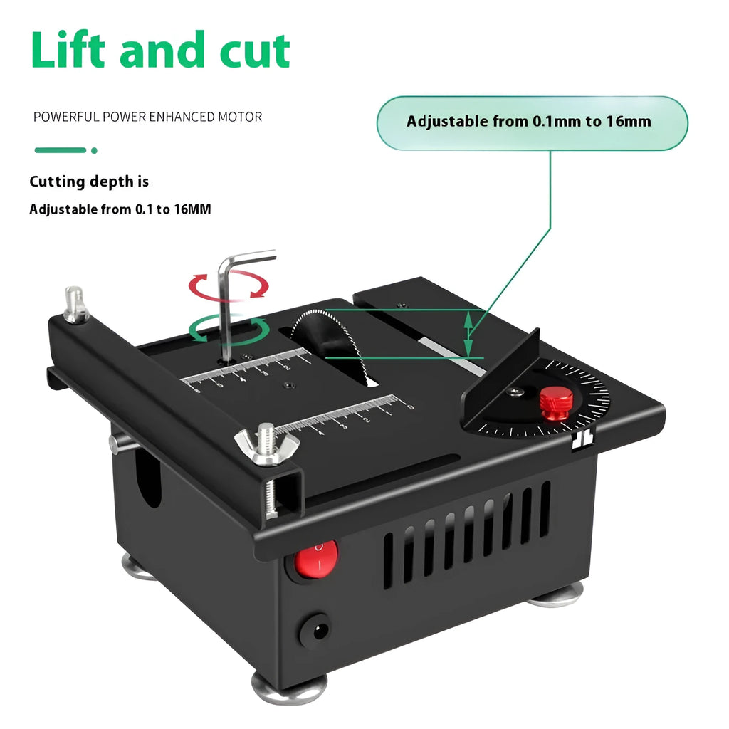 Compact lithium-ion battery desktop saw with metal construction on workbench