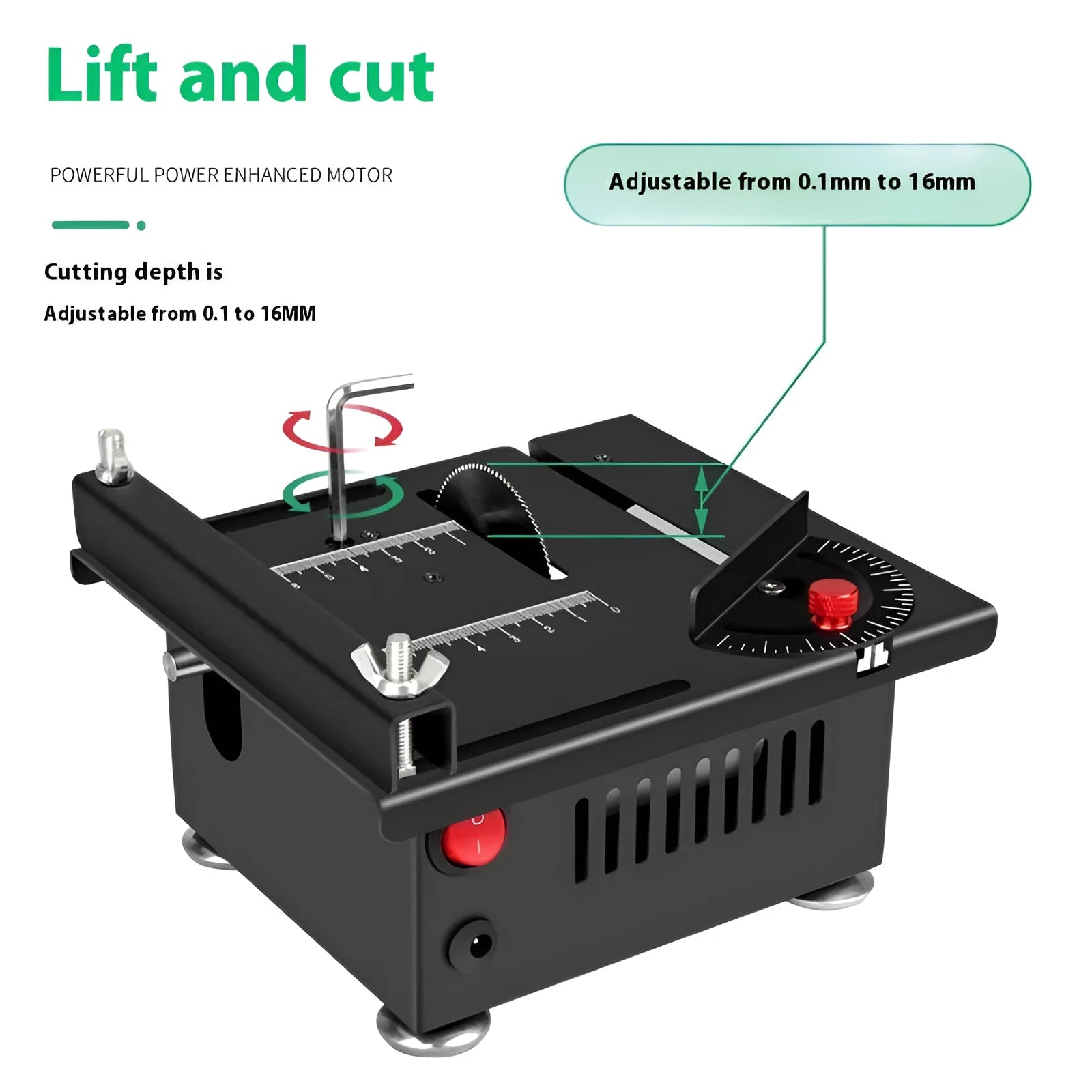 Compact lithium-ion battery desktop saw with metal construction on workbench