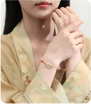 Women's gold electroplated 925 silver bracelet with red rope, koi and peace bucket charms, zodiac animal design