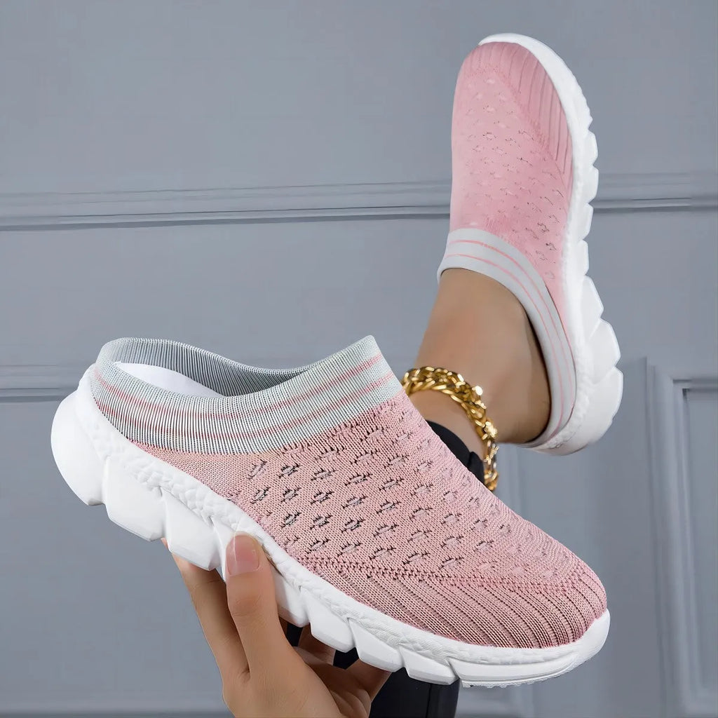 Women's striped Flyknit slipper shoes with hollowed-out design in black, pink, and purple colour options