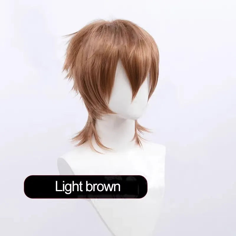 Short black and blue anime cosplay wig for men on a stand