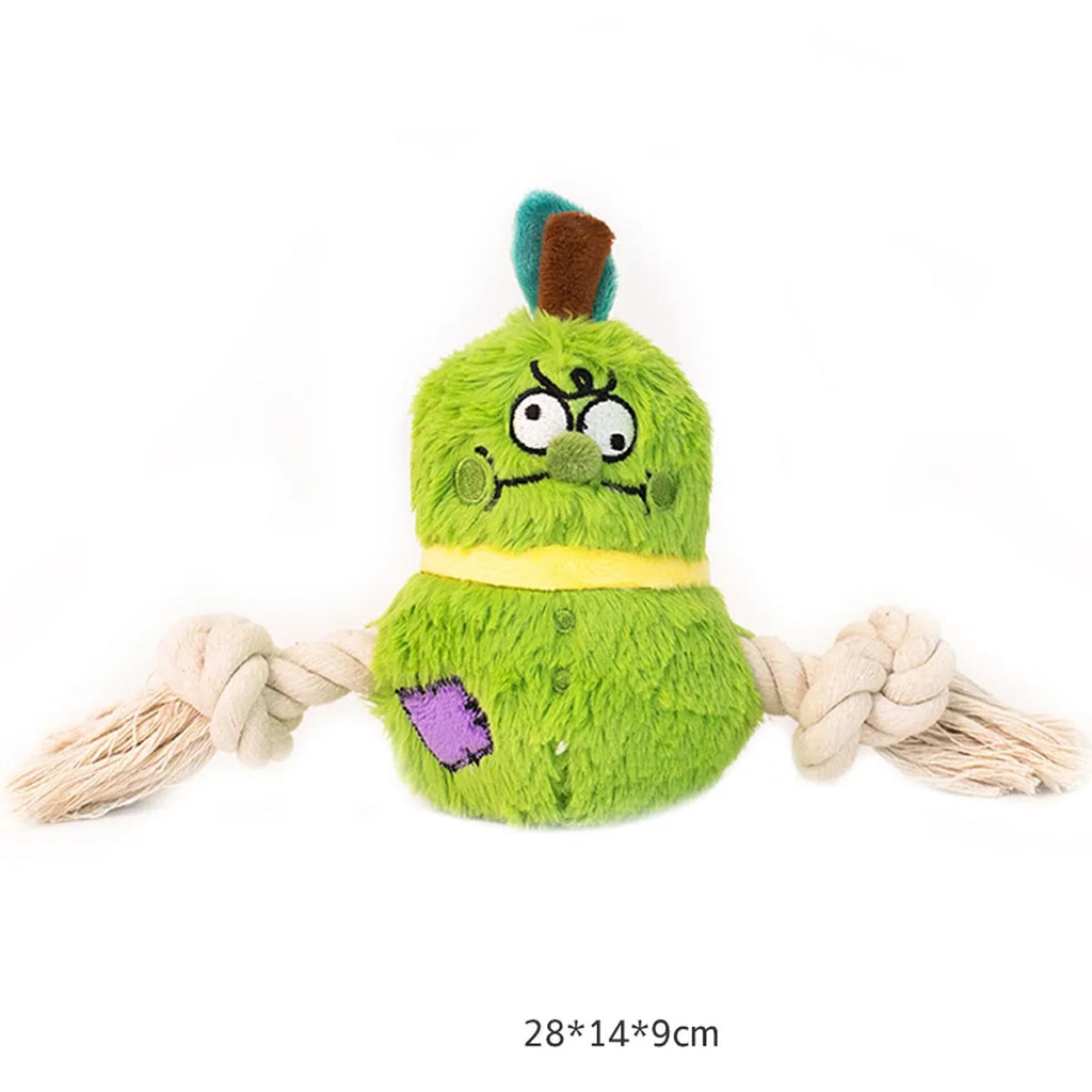 Green and purple plush rope knot dog toy for interactive tug-of-war and chewing games.