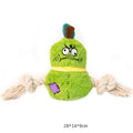 Green and purple plush rope knot dog toy for interactive tug-of-war and chewing games.