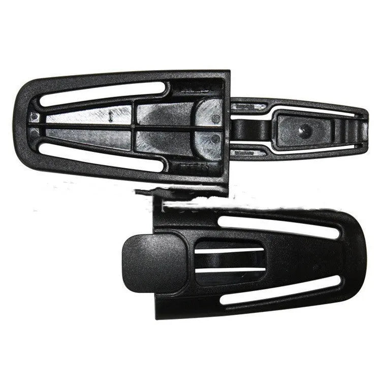 Black nylon seat belt clip for vehicle child safety seats measuring 14.5cm long