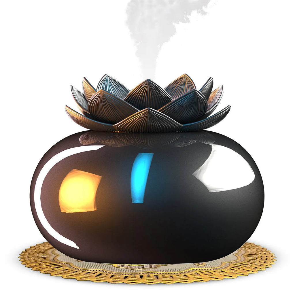 Pure black lotus aromatherapy humidifier with USB port and ceramic base