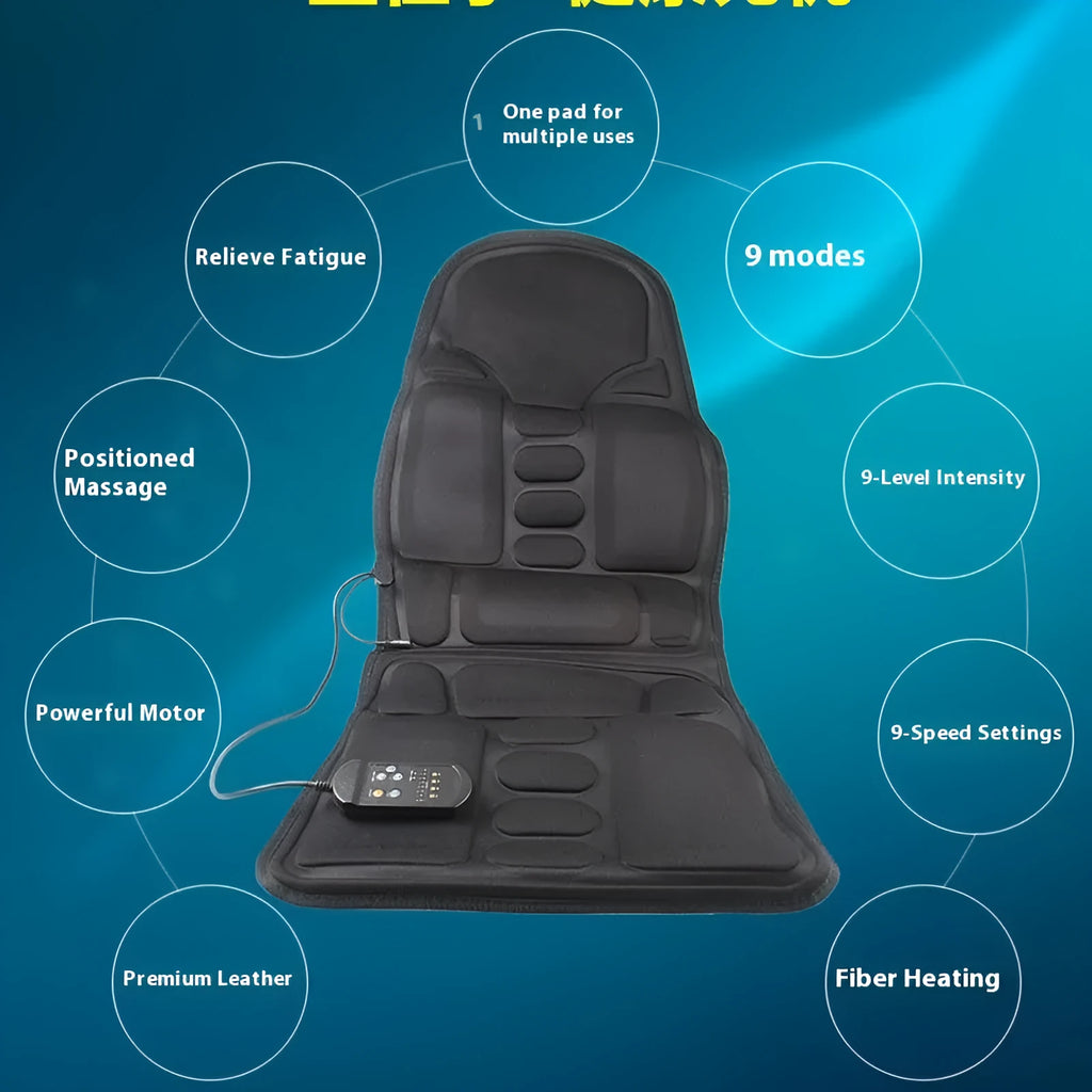 Black heating massage mat with infrared physiotherapy seat cushion and variable speed controls