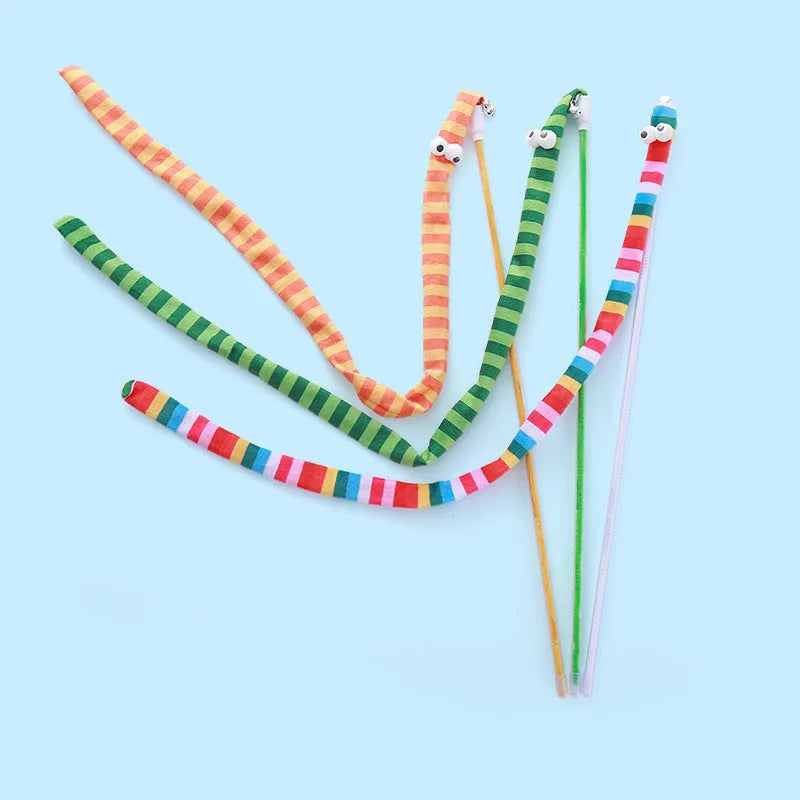 Cat teaser wand toy with a long plush strip and bell on a polycarbonate pole.