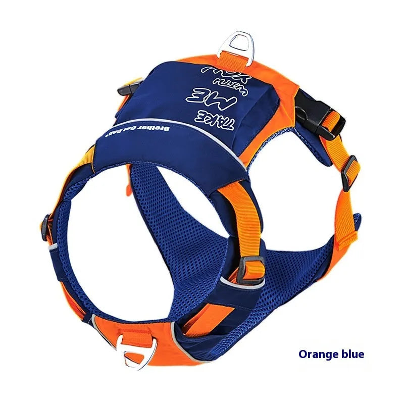 Dog wearing orange blue vest harness with chest and back attachment rings