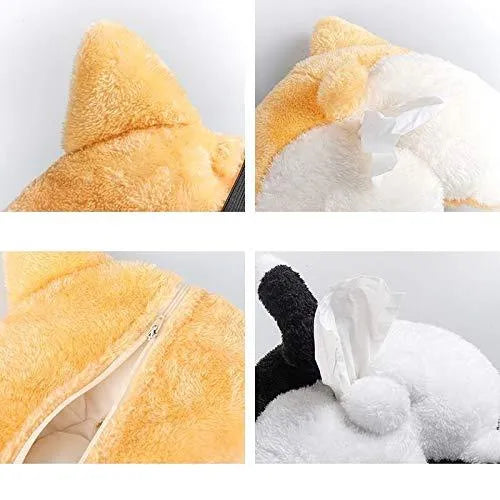 Yellow corgi butt shaped soft polyester car tissue box cover hanging on a sun visor.