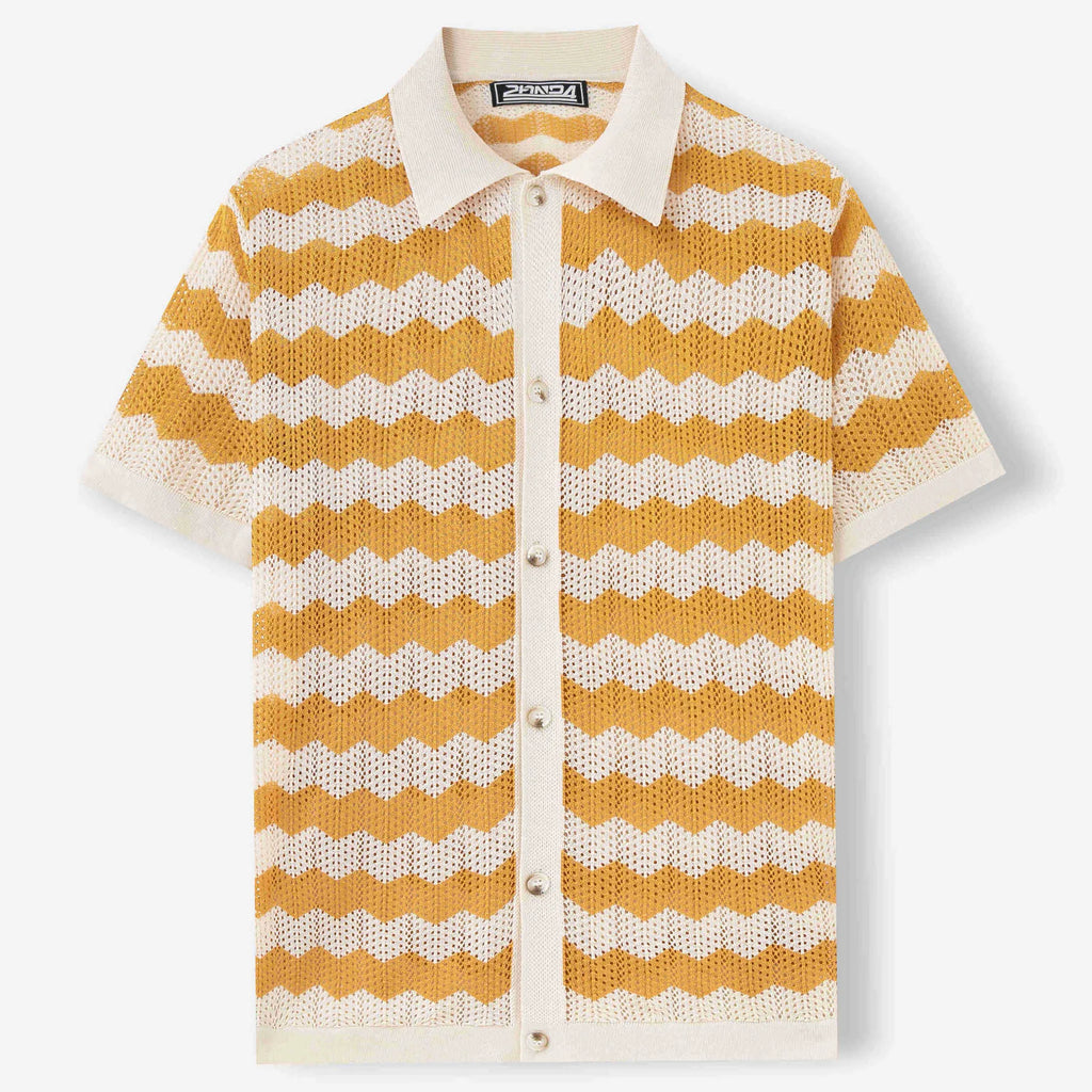 American-style hollow jacquard corrugated short-sleeve sweater in blue, shown on a hanger.