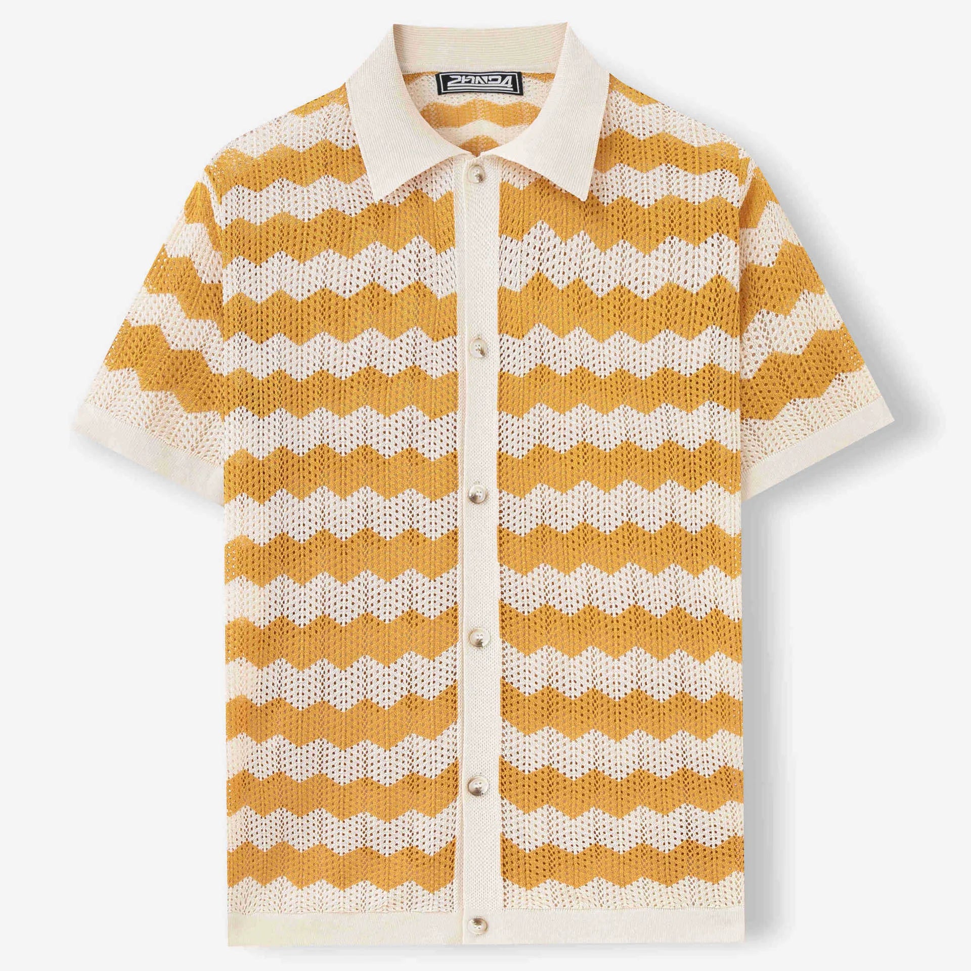 American-style hollow jacquard corrugated short-sleeve sweater in blue, shown on a hanger.