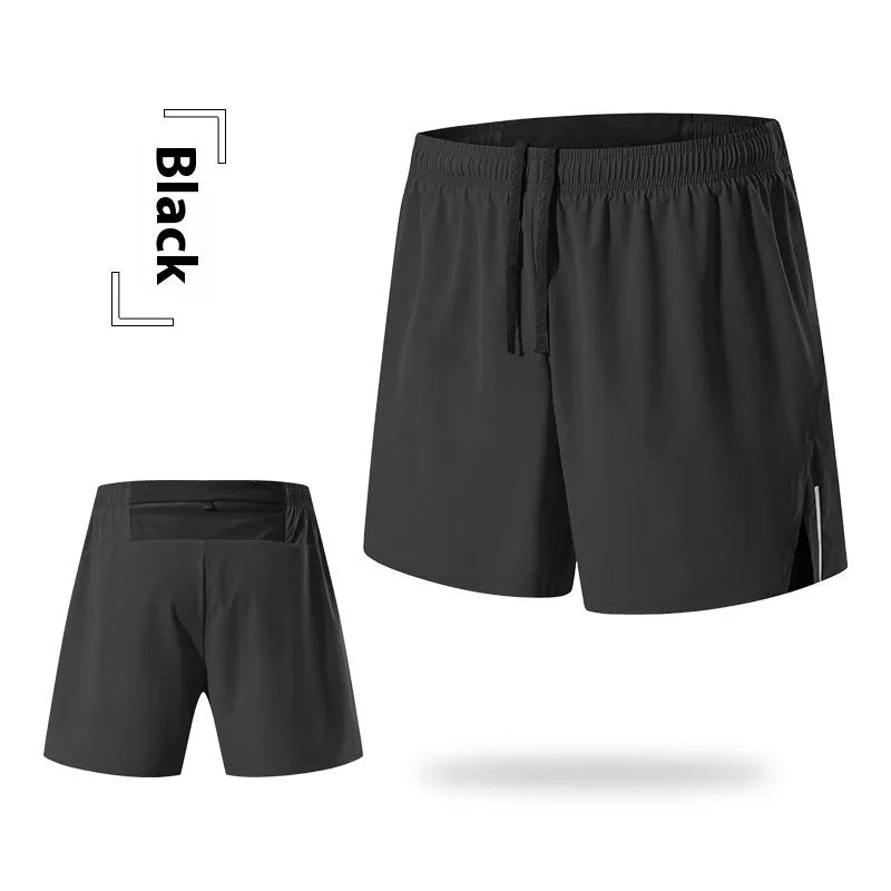 Men's red off-road running shorts with high waist and loose fit on a running trail.