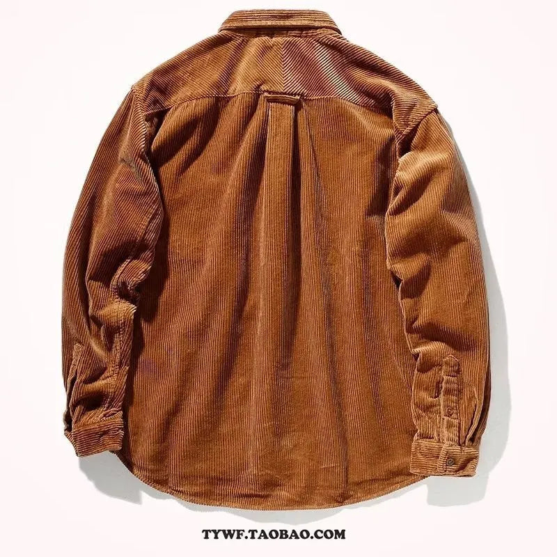 Loose fit long sleeve corduroy shirt in caramel colour with cardigan style