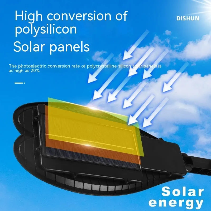 White six-eyed solar-powered outdoor garden lamp with remote control on a stand.