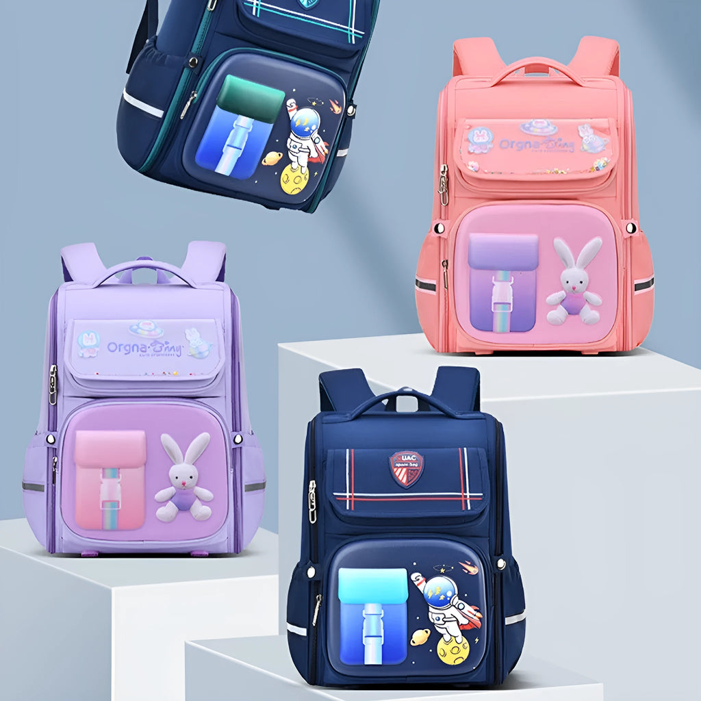 Children's large cartoon backpack with animal print, shown in blue, red, green, purple, or pink colours.