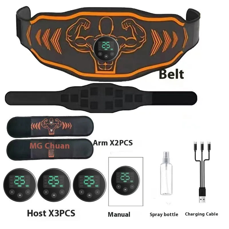 Rechargeable EMS smart massage fitness belt shown in blue and orange colour options.