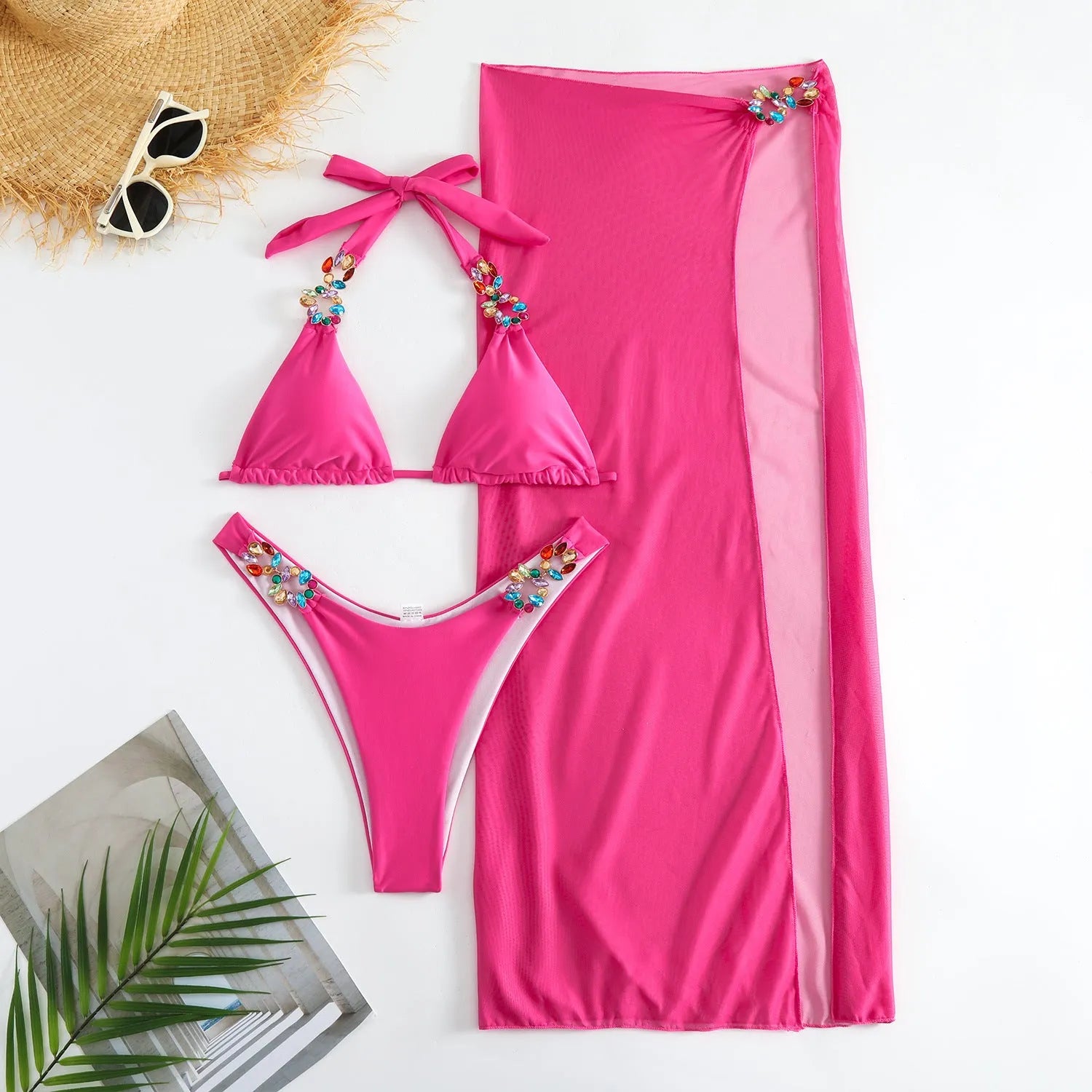 Light diamond pattern three-piece swimsuit bikini with long mesh skirt in rose red