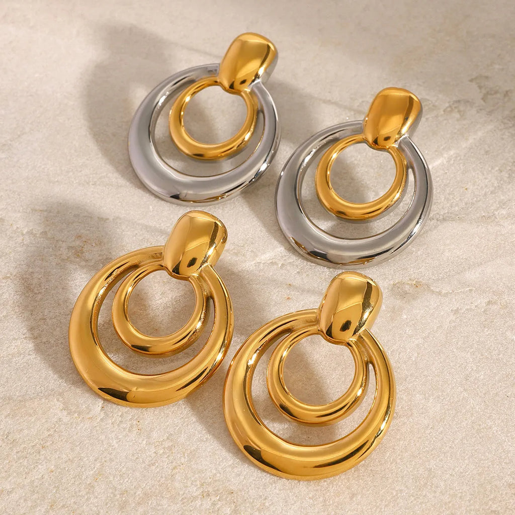 18K gold electroplated titanium steel round double layer hollow stud earrings for women