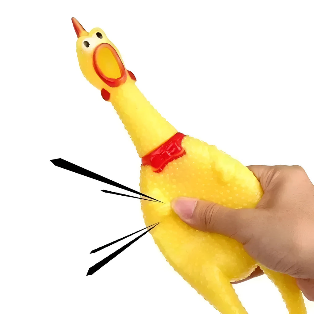 Yellow rubber screaming chicken dog squeak toy shown in three different sizes: small, medium, and large.